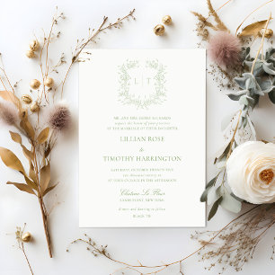Invitation Green Floral Line Art Monogram Crest Mariage