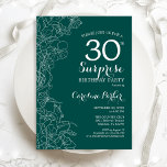 Invitation Green Floral Surprise 30e anniversaire<br><div class="desc">Invitation turquoise Green Surprise 30th Birthday Party. Design moderne minimaliste avec accents botaniques et police de script de typographie. Carte invitation florale simple parfaite pour une célébration anniversaire surprise femme élégante. Peut être customisé à n'importe quel âge. Imprimé Zazzle invitations ou télécharger instantanément le modèle numérique.</div>