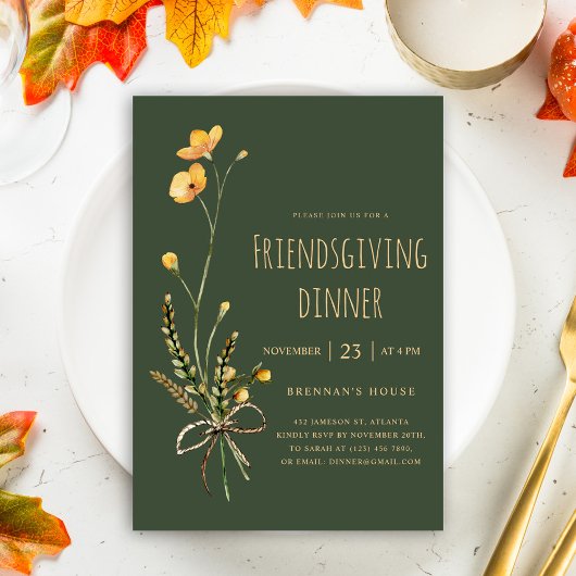Invitation Green Floral Thanksgiving Friendsgiving Dîner