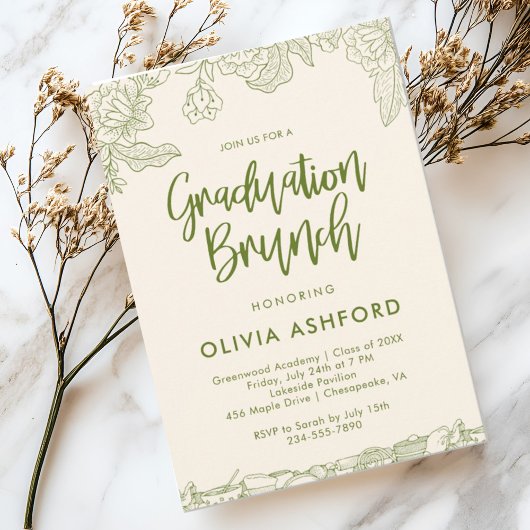 Invitation Green Floral Trendy Brunch graduation