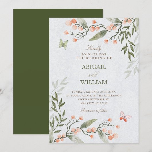 Invitation Green floral wedding (Devant / Derrière)