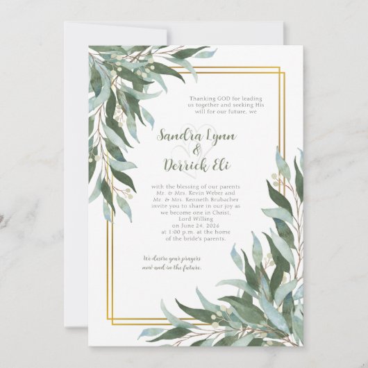 Invitation Green Foliage Greenery Gold Frame Wedding (Devant)