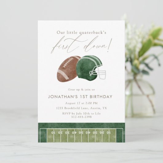 Invitation Green Football Helmet First Birthday (Debout devant)