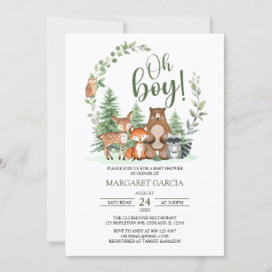 Invitation Green Forest Oh Boy Baby shower des animaux de boi