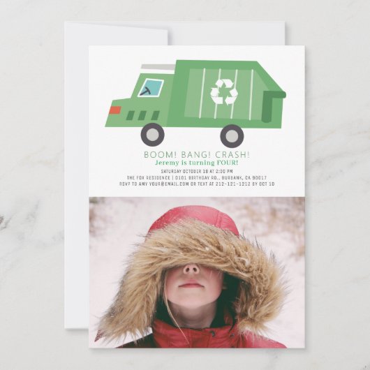 Invitation Green Garbage Truck Recycle Boy Photo Anniversaire (Devant)