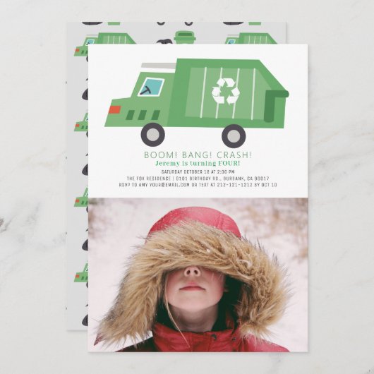 Invitation Green Garbage Truck Recycle Boy Photo Anniversaire (Devant / Derrière)