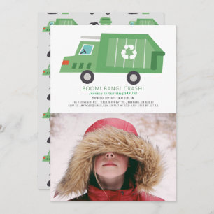 Invitation Green Garbage Truck Recycle Boy Photo Anniversaire
