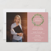 Invitation Green Garland Dusty Rose Photo Graduation Party (Devant)