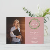 Invitation Green Garland Dusty Rose Photo Graduation Party (Debout devant)