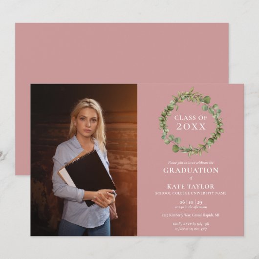 Invitation Green Garland Dusty Rose Photo Graduation Party (Devant / Derrière)