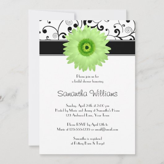 Invitation Green Gerbera Daisy Black Scroll Fête de l'mariée (Devant)