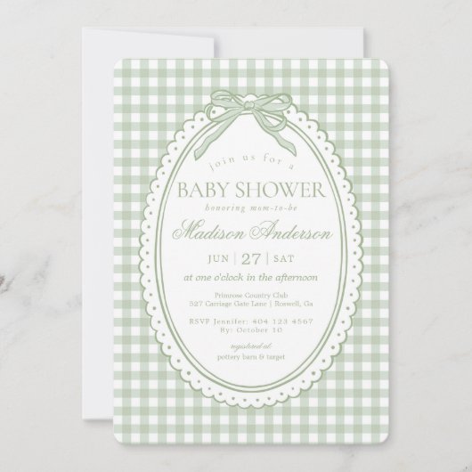 Invitation Green Gingham Coquette Bow Baby Shower (Devant)