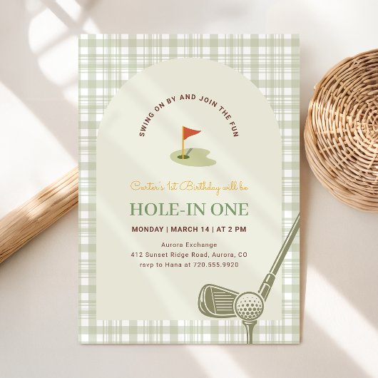 Invitation Green Gingham Hole in One Golf First Birthday