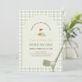 Invitation Green Gingham Hole in One Golf First Birthday (Debout devant)