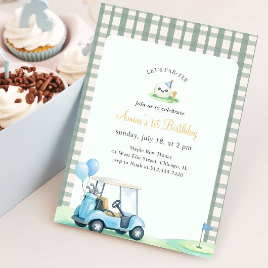 Invitation Green Gingham Kids Golf First Birthday