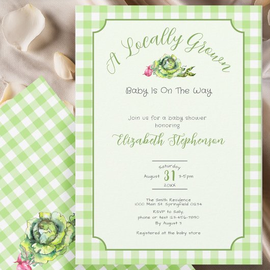 Invitation Green Gingham Locally Grown Baby Shower