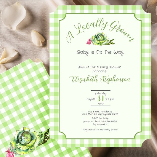 Invitation Green Gingham Locally Grown Baby Shower