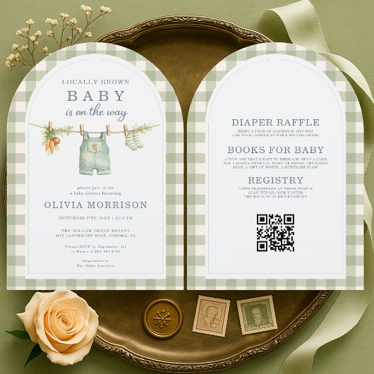 Invitation Green Gingham Locally Grown QR Code Baby Shower