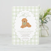 Invitation Green Gingham One Golden Year First Birthday Puppy (Debout devant)
