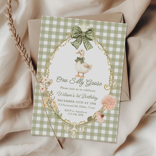 Invitation Green Gingham One Silly Goose 1st Birthday