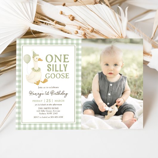 Invitation Green Gingham One Silly Goose Birthday Photo