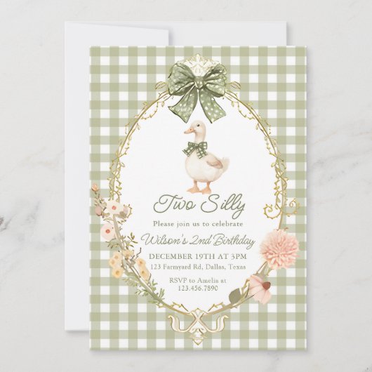 Invitation Green Gingham Silly Goose 2nd Birthday (Devant)