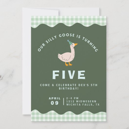 Invitation Green Gingham Silly Goose Birthday (Devant)