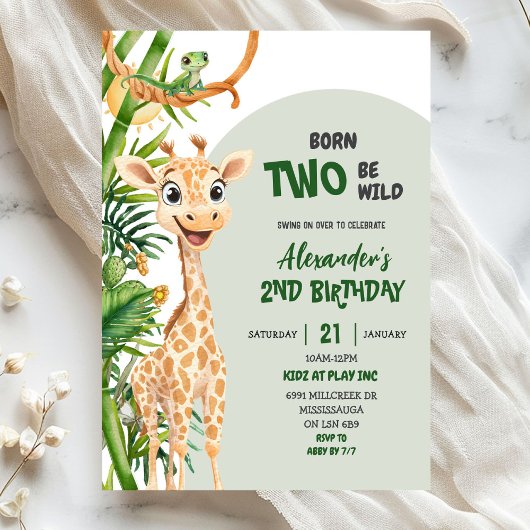 Invitation Green Giraffe Born Two Wild Safari Second Birthday