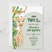 Invitation Green Giraffe Born Two Wild Safari Second Birthday (Devant)