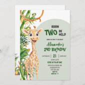 Invitation Green Giraffe Born Two Wild Safari Second Birthday (Devant / Derrière)