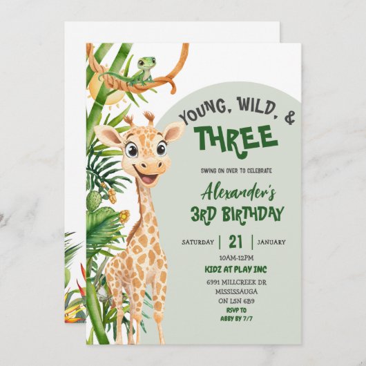 Invitation Green Giraffe Young Wild Three Third Birthday (Devant / Derrière)
