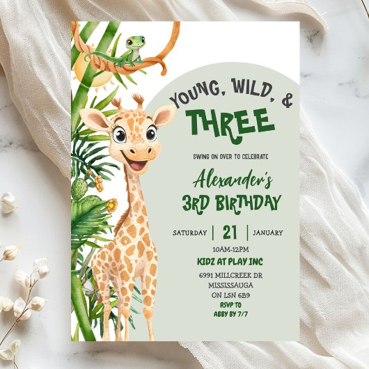 Invitation Green Giraffe Young Wild Three Third Birthday