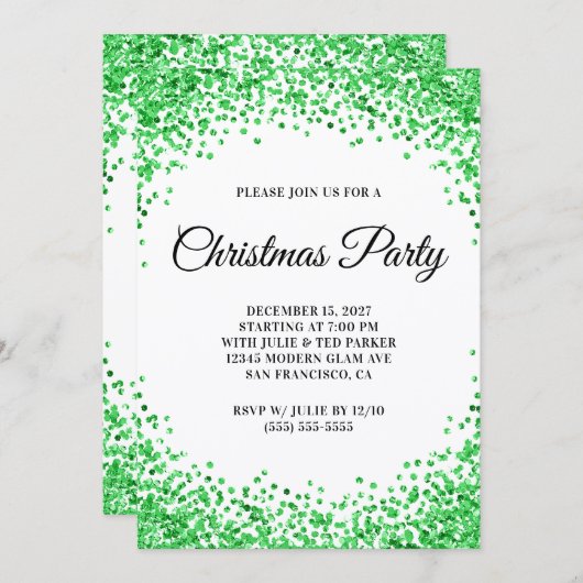 Invitation Green Glitter Border White Christmas Party (Devant / Derrière)