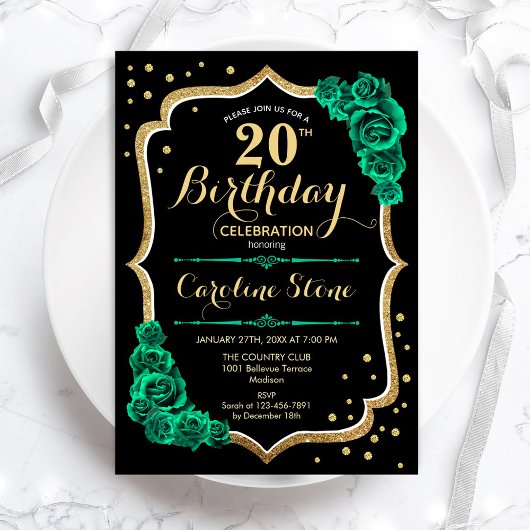 Invitation Green Gold Black Floral 20e anniversaire