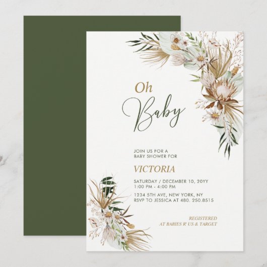 Invitation Green & Gold Boho Botanical Oh Baby shower (Devant / Derrière)