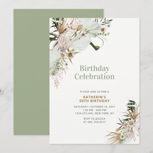 Invitation Green & Gold Boho Milestone Adulte fête d'annivers (Devant / Derrière)
