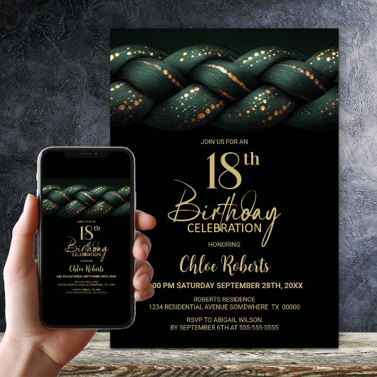 Invitation Green Gold Braid 18e fête d'anniversaire