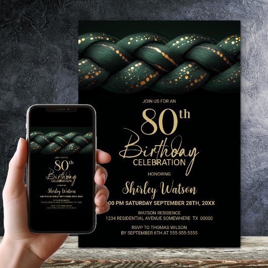 Invitation Green Gold Braid 80e fête d'anniversaire
