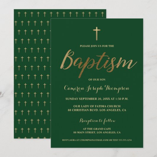 Invitation Green Gold Cross Custom Baby boy Baptême (Devant / Derrière)