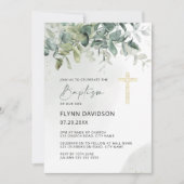 Invitation Green & Gold Cross Verdure Baptême Christening (Devant)