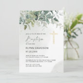 Invitation Green & Gold Cross Verdure Baptême Christening (Debout devant)