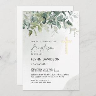 Invitation Green & Gold Cross Verdure Baptême Christening