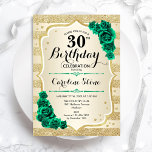 Invitation Green Gold Elegant Floral 30e anniversaire<br><div class="desc">Invitation de fête du 30e anniversaire. Elégant design floral vert émeraude avec rose. Fonctionne des bandes d'or de parties scintillant fausse et des polices de script. Idéal pour une célébration anniversaire féminine élégante. Peut être customisé pour n'importe quel âge ! Invitations Zazzle imprimées ou téléchargement instantané modèle imprimable numérique.</div>