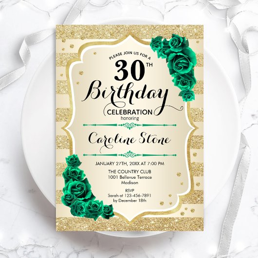 Invitation Green Gold Elegant Floral 30e anniversaire
