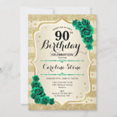 Invitation Green Gold Elegant Floral 90e anniversaire (Devant)
