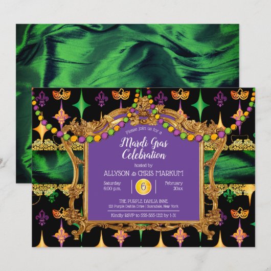 Invitation Green | Gold Elegant Floral Mardi Gras Party (Devant / Derrière)
