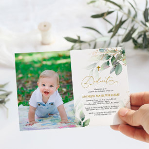 Invitation Green & Gold Eucalyptus Photo Dedication