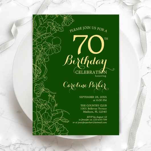 Invitation Green Gold Floral 70e fête d'anniversaire