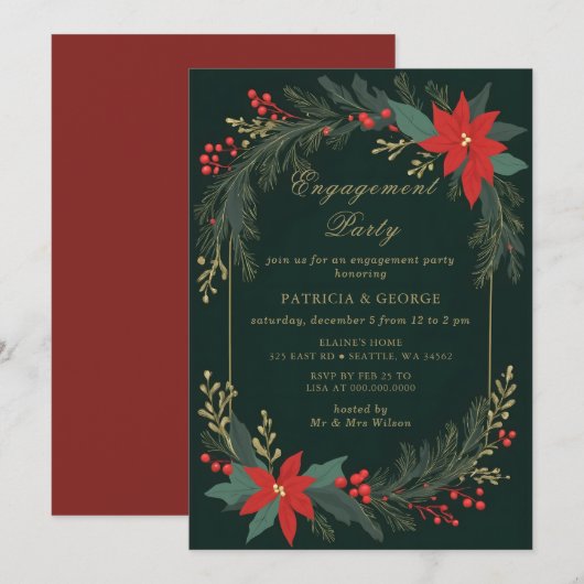 Invitation Green Gold Floral Christmas Engagement Party (Devant / Derrière)