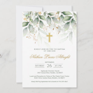 Invitation Green Gold Foliage Croix Baptême bébé